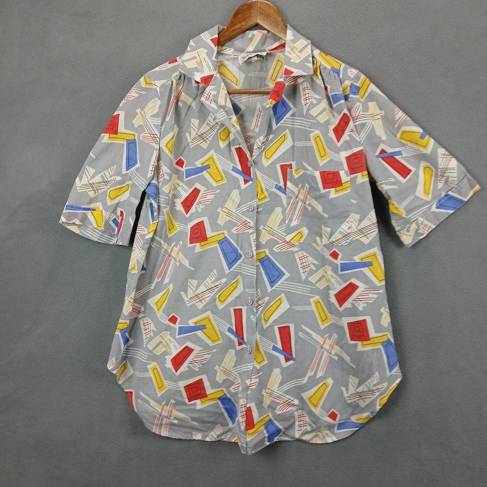 Turn‎ On Shirt Womens 10 Gray Abstract Geometric Graphic Cotton Pocket Button Up